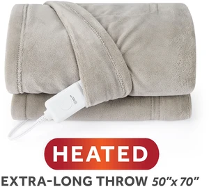 Sunbeam Heated Electric Microplush Throw Blanket, Light Gray, 4 Heat Settings, 50 x 70 in Sunbeam Heated Electric Microplush Throw Blanket, Light Gray, 4 Heat Settings, 50 x 70 in