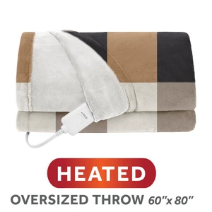 Sunbeam Heated Electric Oversized Microplush Throw Blanket, Tan Buffalo Plaid, 4 Heat Settings, 60 x 80 in