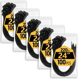 Large Zip Ties Heavy Duty 24 inch (500 Pack), 220 lb Tensile Strength for Outdoor Use, Black Cable Ties, Long Wire Ties by Large Zip Ties Heavy Duty 24 inch (500 Pack), 220 lb Tensile Strength for Outdoor Use, Black Cable Ties, Long Wire Ties by