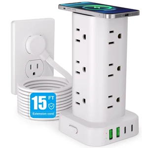 Power Strip Tower with Wireless Charger,Surge Protector with 12 Outlets 15FT Extension Cord,15W Wireless Charging Power Tower with 4 USB Ports, Flat Plug,1800J Protection for Home Office Dorm,White Power Strip Tower with Wireless Charger,Surge Protector with 12 Outlets 15FT Extension Cord,15W Wireless Charging Power Tower with 4 USB Ports, Flat Plug,1800J Protection for Home Office Dorm,White