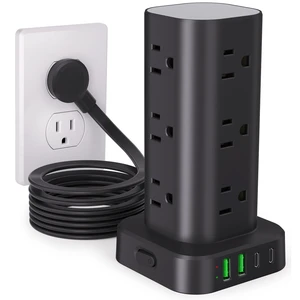 10FT Power Strip Tower Surge Protector, 12 Wide Spaced Outlets, 4 USB 16-in-1 Desktop Charging Station with 2USB-C,2USB-A, Flat Plug, 10FT Cord, 1800J Surge Protection for Home Office, Dorm Black 10FT Power Strip Tower Surge Protector, 12 Wide Spaced Outlets, 4 USB 16-in-1 Desktop Charging Station with 2USB-C,2USB-A, Flat Plug, 10FT Cord, 1800J Surge Protection for Home Office, Dorm Black