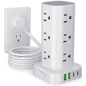 10FT Power Strip Tower Surge Protector, 12 Wide Spaced Outlets, 4 USB 16-in-1 Desktop Charging Station with 2USB-C,2USB-A, Flat Plug, 10FT Cord, 1800J Surge Protection for Home Office, Dorm White 10FT Power Strip Tower Surge Protector, 12 Wide Spaced Outlets, 4 USB 16-in-1 Desktop Charging Station with 2USB-C,2USB-A, Flat Plug, 10FT Cord, 1800J Surge Protection for Home Office, Dorm White