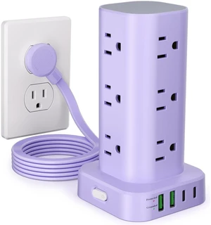 6FT Power Strip Tower Surge Protector, 12 Wide Spaced Outlets, 4 USB 16-in-1 Desktop Charging Station with 2USB-C,2USB-A, Flat Plug, 6FT Cord, 1800J Surge Protection for Home Office, Dorm Purple 6FT Power Strip Tower Surge Protector, 12 Wide Spaced Outlets, 4 USB 16-in-1 Desktop Charging Station with 2USB-C,2USB-A, Flat Plug, 6FT Cord, 1800J Surge Protection for Home Office, Dorm Purple