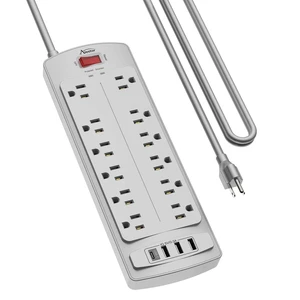 10 Ft Surge Protector Power Strip with 12 Outlets and 4 USB Ports 2700 Joules, 10 Feet Heavy Duty Extension Cord with Multiple Outlets for Home, Office, Dorm Room, ETL, Grey 10 Ft Surge Protector Power Strip with 12 Outlets and 4 USB Ports 2700 Joules, 10 Feet Heavy Duty Extension Cord with Multiple Outlets for Home, Office, Dorm Room, ETL, Grey