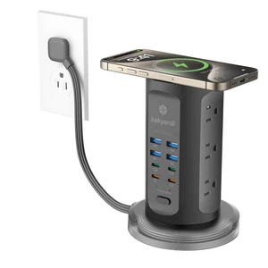 Power Strip Tower, PD 65W Charging Station 9 AC Outlets 8 USB 6 Ft Retractable Extension Cord, 15W Wireless Charger, Black Power Strip Tower, PD 65W Charging Station 9 AC Outlets 8 USB 6 Ft Retractable Extension Cord, 15W Wireless Charger, Black