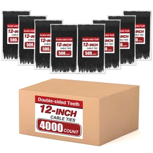 Zip Ties 12 inch (4000 Pack), 85 lb, Double-sided Toothed, Delivering 1.7X Tensile Strength in the Same Specs, Black, Heavy Duty Cable Ties Zip Ties 12 inch (4000 Pack), 85 lb, Double-sided Toothed, Delivering 1.7X Tensile Strength in the Same Specs, Black, Heavy Duty Cable Ties