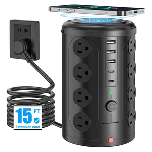 15FT Power Strip Tower Surge Protector with 15W Wireless Charger 16 WideSpaced Outlets & 5 USB (2 USB C) Port, 45°Flat Plug, Desk Charging Station for Home Office and Dorm Room, Black 15FT Power Strip Tower Surge Protector with 15W Wireless Charger 16 WideSpaced Outlets & 5 USB (2 USB C) Port, 45°Flat Plug, Desk Charging Station for Home Office and Dorm Room, Black