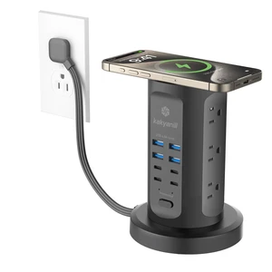 Power Strip Tower, Charging Station 9 AC Outlets 8 USB Ports 6 Ft Retractable Extension Cord, 15W Wireless Charger, Black Power Strip Tower, Charging Station 9 AC Outlets 8 USB Ports 6 Ft Retractable Extension Cord, 15W Wireless Charger, Black