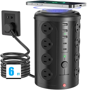 6FT Power Strip Tower Surge Protector with 15W Wireless Charger 16 WideSpaced Outlets & 5 USB (2 USB C) Port, 45°Flat Plug, Desk Charging Station for Home Office and Dorm Room, Black 6FT Power Strip Tower Surge Protector with 15W Wireless Charger 16 WideSpaced Outlets & 5 USB (2 USB C) Port, 45°Flat Plug, Desk Charging Station for Home Office and Dorm Room, Black