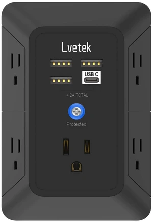 Surge Protector Outlet with 5-Multi Plug Outlet and 4 USB Ports (1 USB C), 3-Sided 1680J Power Strip Wall Charger for Home, Travel, Office - ETL Listed, Black Surge Protector Outlet with 5-Multi Plug Outlet and 4 USB Ports (1 USB C), 3-Sided 1680J Power Strip Wall Charger for Home, Travel, Office - ETL Listed, Black