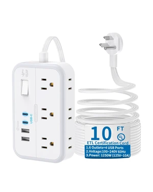 10 ft Flat Extension Cord, Flat Plug Power Strip with 6 Outlets 4 USB Ports, Wall Mounted Outlet Extender, Overload Protection for Indoor, Home, Office Supplies, Dorm Room Essentials 10 ft Flat Extension Cord, Flat Plug Power Strip with 6 Outlets 4 USB Ports, Wall Mounted Outlet Extender, Overload Protection for Indoor, Home, Office Supplies, Dorm Room Essentials