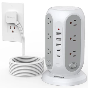 Tower Power Strip Surge Protector, Flat Extension Cord 15 Ft, Grey Individual Switches with 12 Outlets, 5 USB Ports(2 USB C), Flat Plug, Charging Station for Multiple Devices, Office, Dorm Tower Power Strip Surge Protector, Flat Extension Cord 15 Ft, Grey Individual Switches with 12 Outlets, 5 USB Ports(2 USB C), Flat Plug, Charging Station for Multiple Devices, Office, Dorm