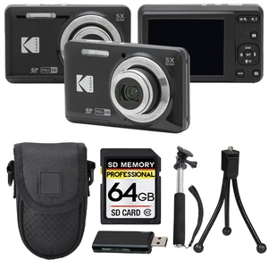 PIXPRO FZ55 Digital Camera, 16MP Compact Point & Shoot, 5X Optical Zoom, 28mm Wide Angle Lens, 1080P HD Video, Black + 64GB SD Card, Case, Selfie Stick, Mini Tripod & USB Card Reader PIXPRO FZ55 Digital Camera, 16MP Compact Point & Shoot, 5X Optical Zoom, 28mm Wide Angle Lens, 1080P HD Video, Black + 64GB SD Card, Case, Selfie Stick, Mini Tripod & USB Card Reader