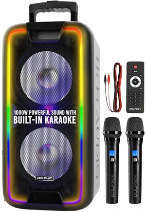 Bluetooth Party Speaker with 2 Wireless Mics, Dual 10" Woofers 1000W Output, SD/FM/USB/AUX/RCA, Guitar & Mic Inputs, Multicolor LED Lights, Rechargeable Battery, Wheels & Handle, Deep Bass Bluetooth Party Speaker with 2 Wireless Mics, Dual 10" Woofers 1000W Output, SD/FM/USB/AUX/RCA, Guitar & Mic Inputs, Multicolor LED Lights, Rechargeable Battery, Wheels & Handle, Deep Bass