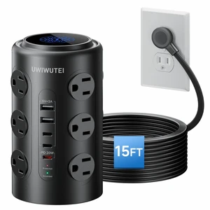 15FT Tower Power Strip with Dedicated 20W PD USB-C Port 12 WidelySpaced AC Outlets & 5 USB Ports, Flat Plug, Extension Cord, Desk Charging Station for Home, Office & Dorm, Black 15FT Tower Power Strip with Dedicated 20W PD USB-C Port 12 WidelySpaced AC Outlets & 5 USB Ports, Flat Plug, Extension Cord, Desk Charging Station for Home, Office & Dorm, Black