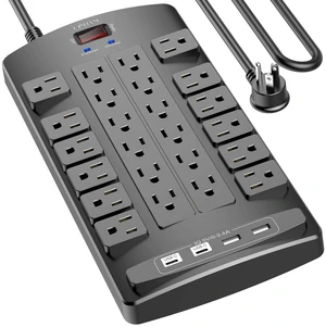 Surge Protector Power Strip - 10Ft Flat Plug Heavy Duty Extension Cord with 24 Outlets and 4 USB Ports(2 USB-C Ports), 4100J, for Home, Office, Dorm, ETL Listed, Black Surge Protector Power Strip - 10Ft Flat Plug Heavy Duty Extension Cord with 24 Outlets and 4 USB Ports(2 USB-C Ports), 4100J, for Home, Office, Dorm, ETL Listed, Black