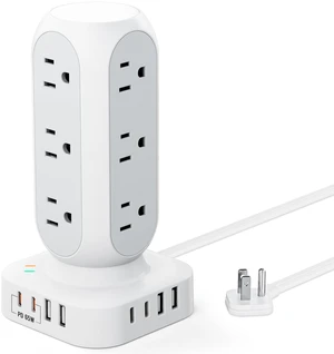 Flat Plug Power Strip Tower, 65W Max Charging Tower, 10FT Flat Plug Power Strip Tower, 65W Max Charging Tower, 10FT