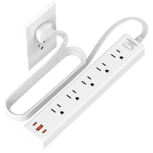 6FT Surge Protector Power Strip, 1700J, 5AC&1A2C, Flat Plug Extension Cord Flat Power Strip, 0.33in Ultra Thin Plug, 1250W/10A, Wide Spaced, Mountable for Home Office, White 6FT Surge Protector Power Strip, 1700J, 5AC&1A2C, Flat Plug Extension Cord Flat Power Strip, 0.33in Ultra Thin Plug, 1250W/10A, Wide Spaced, Mountable for Home Office, White