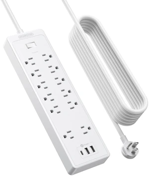 25Ft Extension Cord, Long Cord Power Strip with 12 Outlet 3 USB(1 USB C), 2100 Joules, 1875W/15A, Overload Protection, Wall Mount for Home Office, Workbench, Garage, White 25Ft Extension Cord, Long Cord Power Strip with 12 Outlet 3 USB(1 USB C), 2100 Joules, 1875W/15A, Overload Protection, Wall Mount for Home Office, Workbench, Garage, White