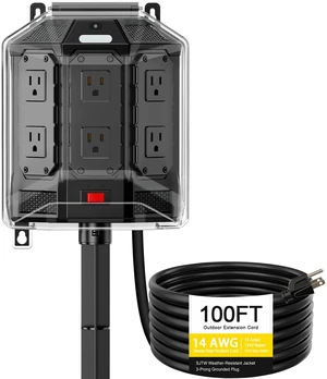 100FT Outdoor Power Stake with 6 Outlets, Weatherproof Cover Outdoor power strip weatherproof hub with 14AWG cord, overload protection, stake mount and night light 100FT Outdoor Power Stake with 6 Outlets, Weatherproof Cover Outdoor power strip weatherproof hub with 14AWG cord, overload protection, stake mount and night light