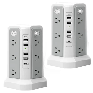 2PS Surge Protector Power Strip Tower 10FT4A1C with PD18W USB C Port Extension Cord with Mutiple Outlets 5 USB Charging Ports, Power Tower for Home Office Dorm Room, Grey White 2PS Surge Protector Power Strip Tower 10FT4A1C with PD18W USB C Port Extension Cord with Mutiple Outlets 5 USB Charging Ports, Power Tower for Home Office Dorm Room, Grey White