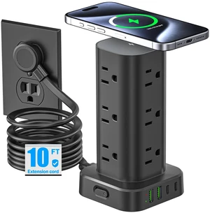 Tower Power Strip with 15W Wireless Charger, 10FT Flat Plug Extension Cord with Multiple Outlets, 12 AC Outlets, 4 USB Ports (2 USB C) Charging Station Surge Protector for Office Home Dorm Room(Black) Tower Power Strip with 15W Wireless Charger, 10FT Flat Plug Extension Cord with Multiple Outlets, 12 AC Outlets, 4 USB Ports (2 USB C) Charging Station Surge Protector for Office Home Dorm Room(Black)