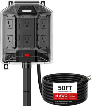 Outdoor Power Stake Waterproof with 50FT Cord and Full Cover Outdoor power strip weatherproof hub with 6 grounded outlets, overload protection, 14AWG cord & night light Outdoor Power Stake Waterproof with 50FT Cord and Full Cover Outdoor power strip weatherproof hub with 6 grounded outlets, overload protection, 14AWG cord & night light