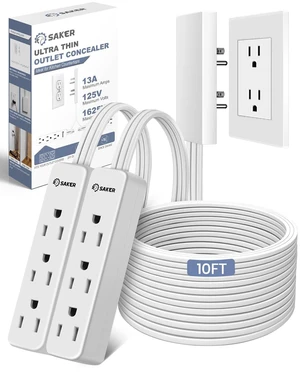 Dual 10ft Flat Extension Cord Outlet Cover, 3 Outlets, White Dual 10ft Flat Extension Cords, Universal Outlet Concealer Design, Low-Profile Flat Plug, Baby Proof Cable Management Dual 10ft Flat Extension Cord Outlet Cover, 3 Outlets, White Dual 10ft Flat Extension Cords, Universal Outlet Concealer Design, Low-Profile Flat Plug, Baby Proof Cable Management