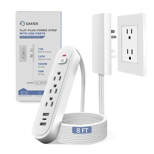 8ft Surge Protector, 3 Outlets, 3 USB, Flat Plug, White 3 AC Outlets + 3 USB Ports, Built-In Surge Protection, 8ft Flat Extension Cord, Outlet Concealer for Home & Office 8ft Surge Protector, 3 Outlets, 3 USB, Flat Plug, White 3 AC Outlets + 3 USB Ports, Built-In Surge Protection, 8ft Flat Extension Cord, Outlet Concealer for Home & Office