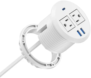 2-in-1 Desktop Power Grommet with USB-C Output, 125V, 12A, 2 AC Outlets, 3 USB Charging Ports, White 2-in-1 Desktop Power Grommet with USB-C Output, 125V, 12A, 2 AC Outlets, 3 USB Charging Ports, White