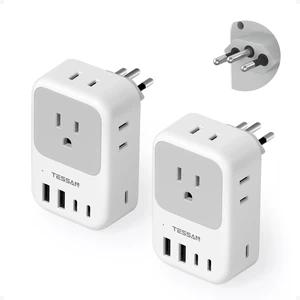 Type N Plug Adapter Brazil 2-Pack, PD 28W 4 AC Outlets & 5 USB Ports (3 USB-C), Travel Adaptor, USA to Brazilian Type N Plug Adapter Brazil 2-Pack, PD 28W 4 AC Outlets & 5 USB Ports (3 USB-C), Travel Adaptor, USA to Brazilian