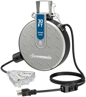 Ceiling/Wall Mount Retractable Extension Cord Reel with 30FT Cord 16/3 SJTW Power Cord, 3 Lighted Triple Outlets, Work for Garage Shop, 10 Amp Circuit Breaker, Metal Plate, ETL Listed, Silver Ceiling/Wall Mount Retractable Extension Cord Reel with 30FT Cord 16/3 SJTW Power Cord, 3 Lighted Triple Outlets, Work for Garage Shop, 10 Amp Circuit Breaker, Metal Plate, ETL Listed, Silver