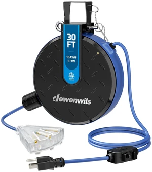 Ceiling/Wall Mount Retractable Extension Cord Reel with 30FT Cord 16/3 SJTW Power Cord, 3 Lighted Triple Outlets, Works for Garage Shop, 10 Amp Circuit Breaker, Metal Plate, ETL Listed, Blue Ceiling/Wall Mount Retractable Extension Cord Reel with 30FT Cord 16/3 SJTW Power Cord, 3 Lighted Triple Outlets, Works for Garage Shop, 10 Amp Circuit Breaker, Metal Plate, ETL Listed, Blue