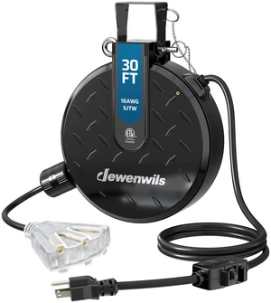 Ceiling/Wall Mount Retractable Extension Cord Reel with 30FT Cord 16/3 SJTW Power Cord, 3 Lighted Triple Outlets, Works for Garage Shop, 10 Amp Circuit Breaker, Metal Plate, ETL Listed, Black Ceiling/Wall Mount Retractable Extension Cord Reel with 30FT Cord 16/3 SJTW Power Cord, 3 Lighted Triple Outlets, Works for Garage Shop, 10 Amp Circuit Breaker, Metal Plate, ETL Listed, Black