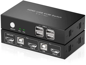 HDMI KVM Switch 1 Monitors 2 Computers, USB KVM Switches Sharing 4 USB, Support Wireless Keyboard and Mouse, Powered by USB, with 2 HDMI and 2 USB Cables... HDMI KVM Switch 1 Monitors 2 Computers, USB KVM Switches Sharing 4 USB, Support Wireless Keyboard and Mouse, Powered by USB, with 2 HDMI and 2 USB Cables...