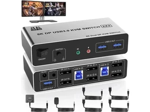 2 Port Dual Monitor DP KVM Switch 2 In 2 Out, 8K@60Hz USB3.0 KVM Switcher with Audio & Mic, 3 USB 3.0 Ports for 2 PCs Share 2 Displays Keyboard Mouse 2 Port Dual Monitor DP KVM Switch 2 In 2 Out, 8K@60Hz USB3.0 KVM Switcher with Audio & Mic, 3 USB 3.0 Ports for 2 PCs Share 2 Displays Keyboard Mouse