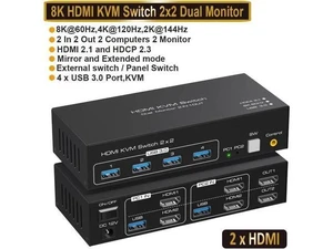 2 In 2 Out Dual Monitor HDMI KVM Switch, 8K@60Hz 4K@120Hz USB 3.0 KVM Switcher with 4 USB Ports for 2 PCs, Compatible with Windows MacOS Linux Unix 2 In 2 Out Dual Monitor HDMI KVM Switch, 8K@60Hz 4K@120Hz USB 3.0 KVM Switcher with 4 USB Ports for 2 PCs, Compatible with Windows MacOS Linux Unix
