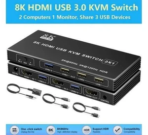 2 Port HDMI USB 3.0 KVM Switch 8K@60Hz, 2 In 1 Out KVM Switcher for 2 PCs Share 1 Monitor Keyboard Mouse Printer Scanner, With Desktop Controller 2 Port HDMI USB 3.0 KVM Switch 8K@60Hz, 2 In 1 Out KVM Switcher for 2 PCs Share 1 Monitor Keyboard Mouse Printer Scanner, With Desktop Controller