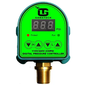 GamaTech Digital Adjustable Pressure Switch Controller 110V/220V 10A/5A for Water & Air Pumps, 1/2" Male NPT, 0-230 Psi GamaTech Digital Adjustable Pressure Switch Controller 110V/220V 10A/5A for Water & Air Pumps, 1/2" Male NPT, 0-230 Psi