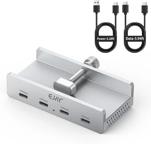 10Gbps USB-C Hub - 4-Port Aluminum USB 3.2 Docking Hub with Clamp Design for Desk/Computer, Extra Power Supply Port, 47in Data Cable & 39in Power Cable (Silver)
