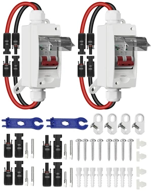 2-Pack 32 Amp 500V DC Solar Disconnect Switch Miniature Circuit Breaker with Plug-and-Play Connector, IP65 Waterproof Box for PV, AC, RV & Solar 2-Pack 32 Amp 500V DC Solar Disconnect Switch Miniature Circuit Breaker with Plug-and-Play Connector, IP65 Waterproof Box for PV, AC, RV & Solar