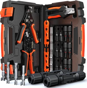 Solar Connector Crimping Tool Kit, 14-10 AWG Crimper - Toolbox Kit with 6 Pairs Solar Connectors, Wrenches, Strippers & Cable Cutter Solar Connector Crimping Tool Kit, 14-10 AWG Crimper - Toolbox Kit with 6 Pairs Solar Connectors, Wrenches, Strippers & Cable Cutter