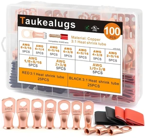 100PCS Battery Copper Ring Terminal Connectors Kit AWG 8/6/4/2/1/0 Gauge, 5/16" 3/8" Crimp Wire Ends with 3:1 Heat Shrink Tubing 100PCS Battery Copper Ring Terminal Connectors Kit AWG 8/6/4/2/1/0 Gauge, 5/16" 3/8" Crimp Wire Ends with 3:1 Heat Shrink Tubing