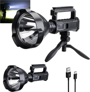 Rechargeable Spotlight Flashlight, 3,000,000 Lumens Super Bright Handheld Spot Light, 4 Modes, IPX5 Waterproof, 10H Runtime, Adjustable Tripod, USB-C for Camping, Fishing & Boat Rechargeable Spotlight Flashlight, 3,000,000 Lumens Super Bright Handheld Spot Light, 4 Modes, IPX5 Waterproof, 10H Runtime, Adjustable Tripod, USB-C for Camping, Fishing & Boat