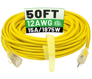 50 ft 12/3 Outdoor Extension Cord Waterproof Heavy Duty with Lighted Indicator End 12 Gauge 3 Prong, Flexible Cold-Resistant Long Power Cord Outside, 15Amp 1875W SJTW Yellow ETL Listed 50 ft 12/3 Outdoor Extension Cord Waterproof Heavy Duty with Lighted Indicator End 12 Gauge 3 Prong, Flexible Cold-Resistant Long Power Cord Outside, 15Amp 1875W SJTW Yellow ETL Listed