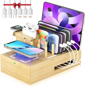Bamboo Wireless Charging Station for Multiple Devices - Wood Docking Station Organizer, Qi Certified Fast Wireless Charger, 7 USB Charging Ports for Cellphone, Smart Watch, Earbuds, Tablet Bamboo Wireless Charging Station for Multiple Devices - Wood Docking Station Organizer, Qi Certified Fast Wireless Charger, 7 USB Charging Ports for Cellphone, Smart Watch, Earbuds, Tablet