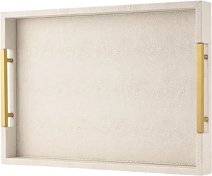 Beige Faux Leather Serving Tray with Handles  Large Decorative Tray for Coffee Table, Ottoman, Living Room, Bathroom  Home Decor