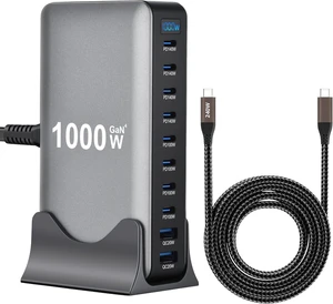 1000W 10-Port GaN 4 Desktop Charging Station with 240W 6.6 ft Data Cable - Compatible with Tablets, Phones, Laptops, Gaming Consoles, Headphones 1000W 10-Port GaN 4 Desktop Charging Station with 240W 6.6 ft Data Cable - Compatible with Tablets, Phones, Laptops, Gaming Consoles, Headphones