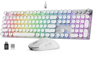 Wireless Mechanical Keyboard and Mouse Combo, RGB Backlit, KM81 | 108 Lighting Effects, Volume Knob, Typewriter Round Keycaps, Rechargeable, USB-C Adapter, Linear Red Switches, Full-Size Wireless Mechanical Keyboard and Mouse Combo, RGB Backlit, KM81 | 108 Lighting Effects, Volume Knob, Typewriter Round Keycaps, Rechargeable, USB-C Adapter, Linear Red Switches, Full-Size
