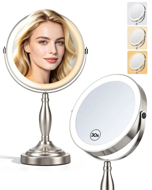 Makeup Mirror with Lights, 1X/30X Double Side Lighted Magnifying Mirror | 8'', 5000mAh Rechargeable Adjustable Brightness with 3 Colors, Side Touch & Side Charging with Adapter, Brushed Nickel Makeup Mirror with Lights, 1X/30X Double Side Lighted Magnifying Mirror | 8'', 5000mAh Rechargeable Adjustable Brightness with 3 Colors, Side Touch & Side Charging with Adapter, Brushed Nickel